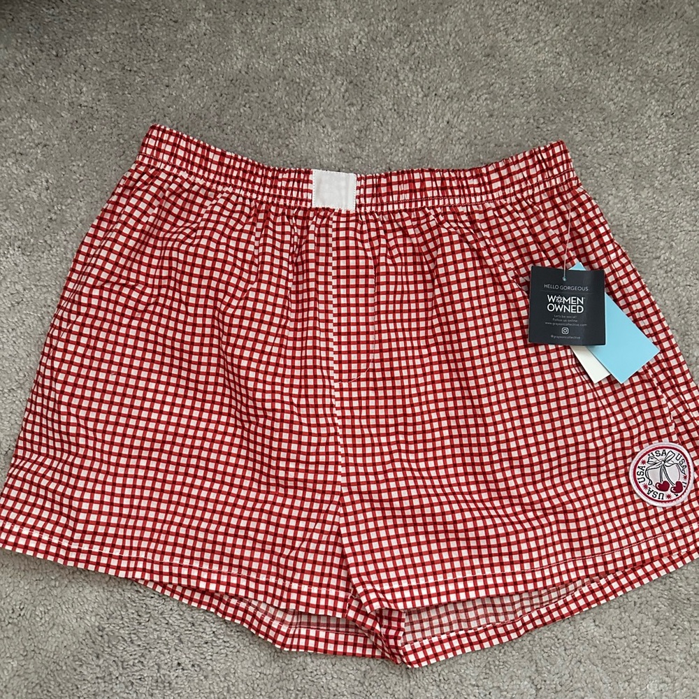 Grayson Threads Red Gingham Check Shorts Elastic Waist
